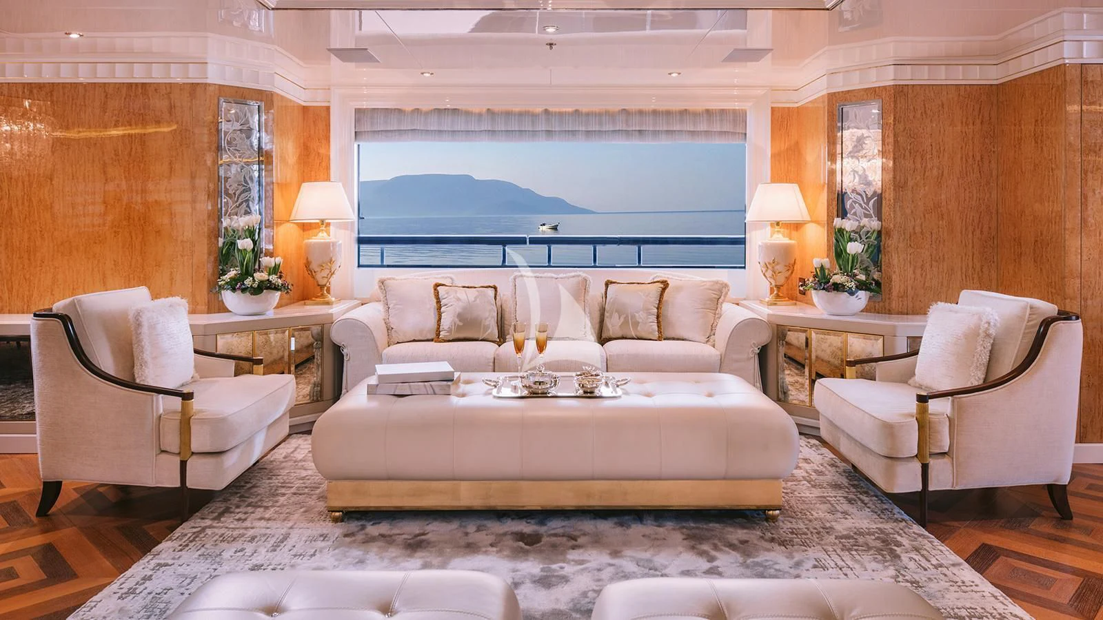 a living room with a large window aboard AELIA Yacht for Sale