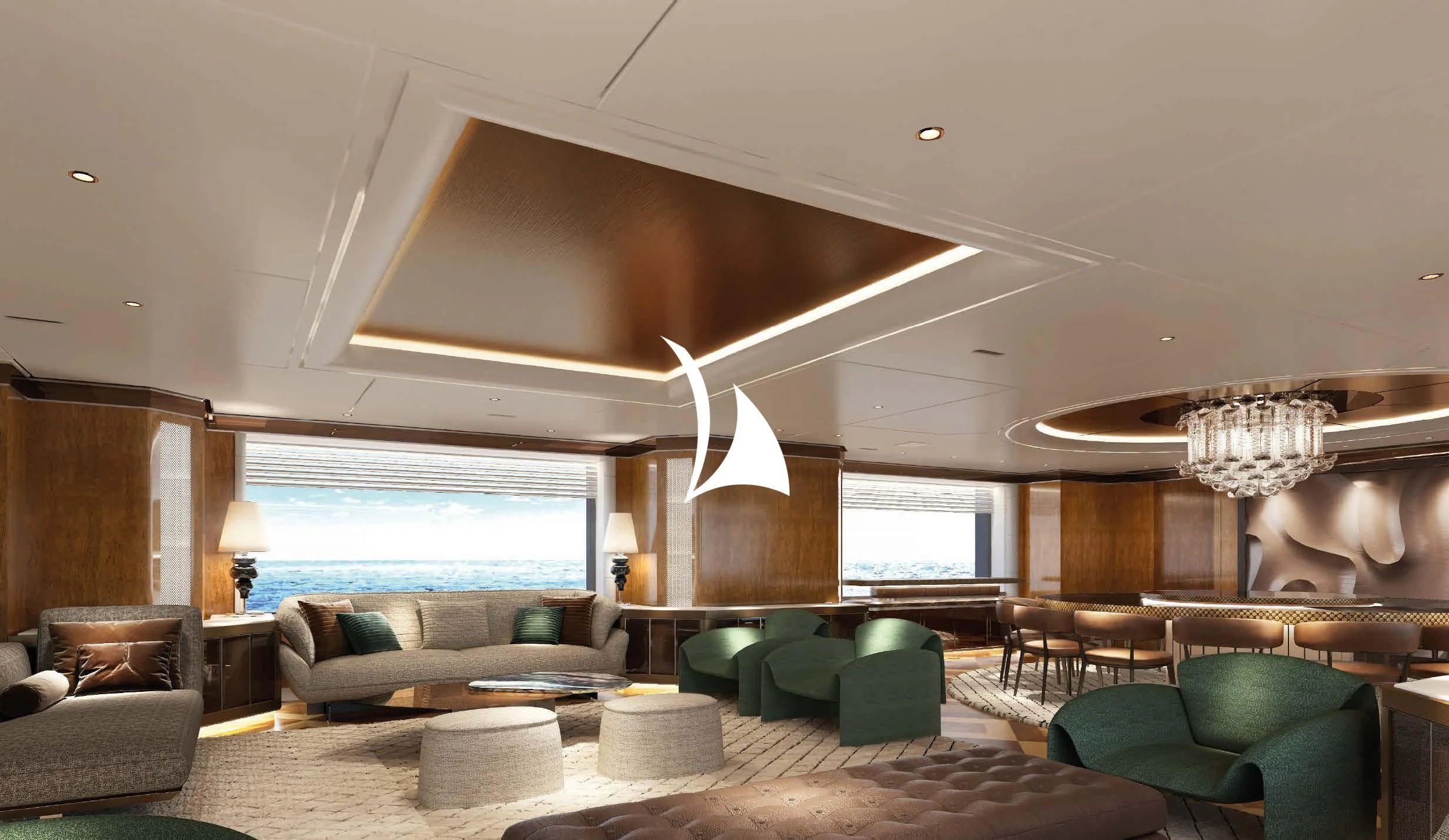 a large living room with a large window aboard AELIA Yacht for Sale