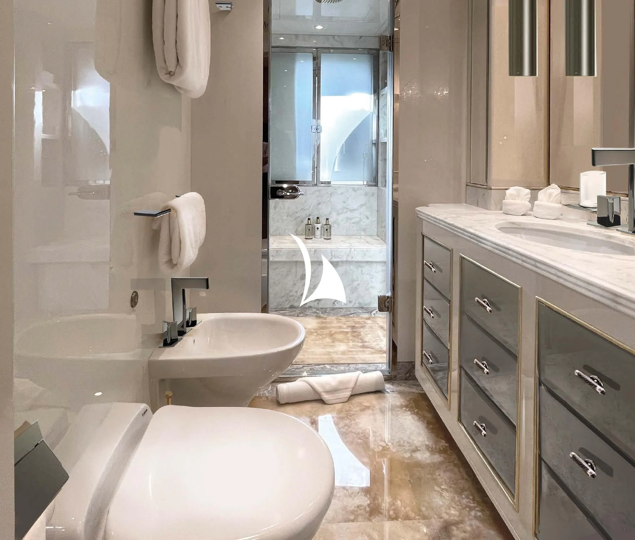 a bathroom with a sink and a bathtub aboard AELIA Yacht for Sale