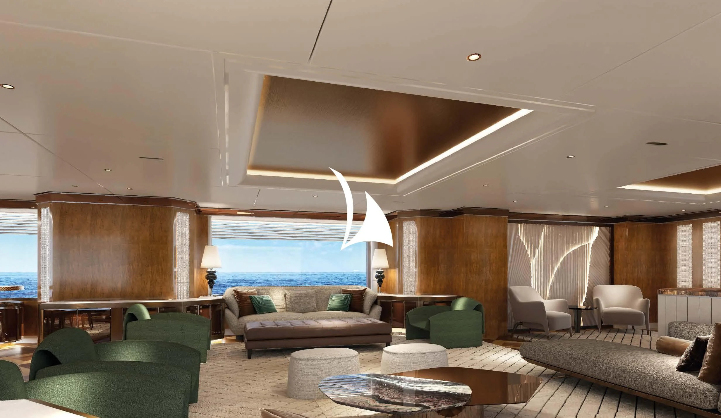 a living room with a large window aboard AELIA Yacht for Sale