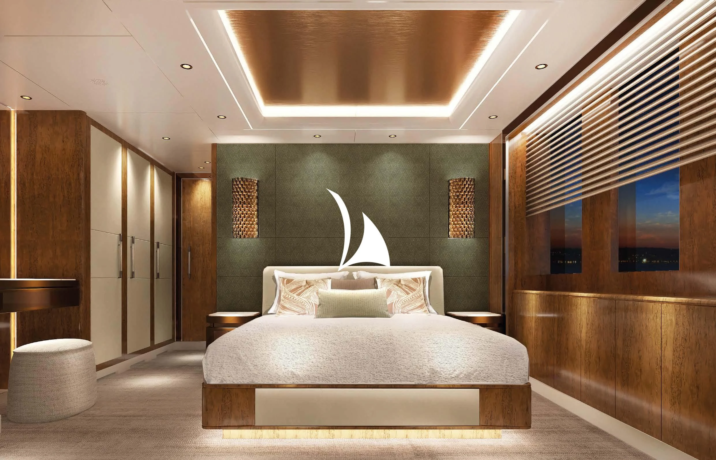 a bed in a room aboard AELIA Yacht for Sale