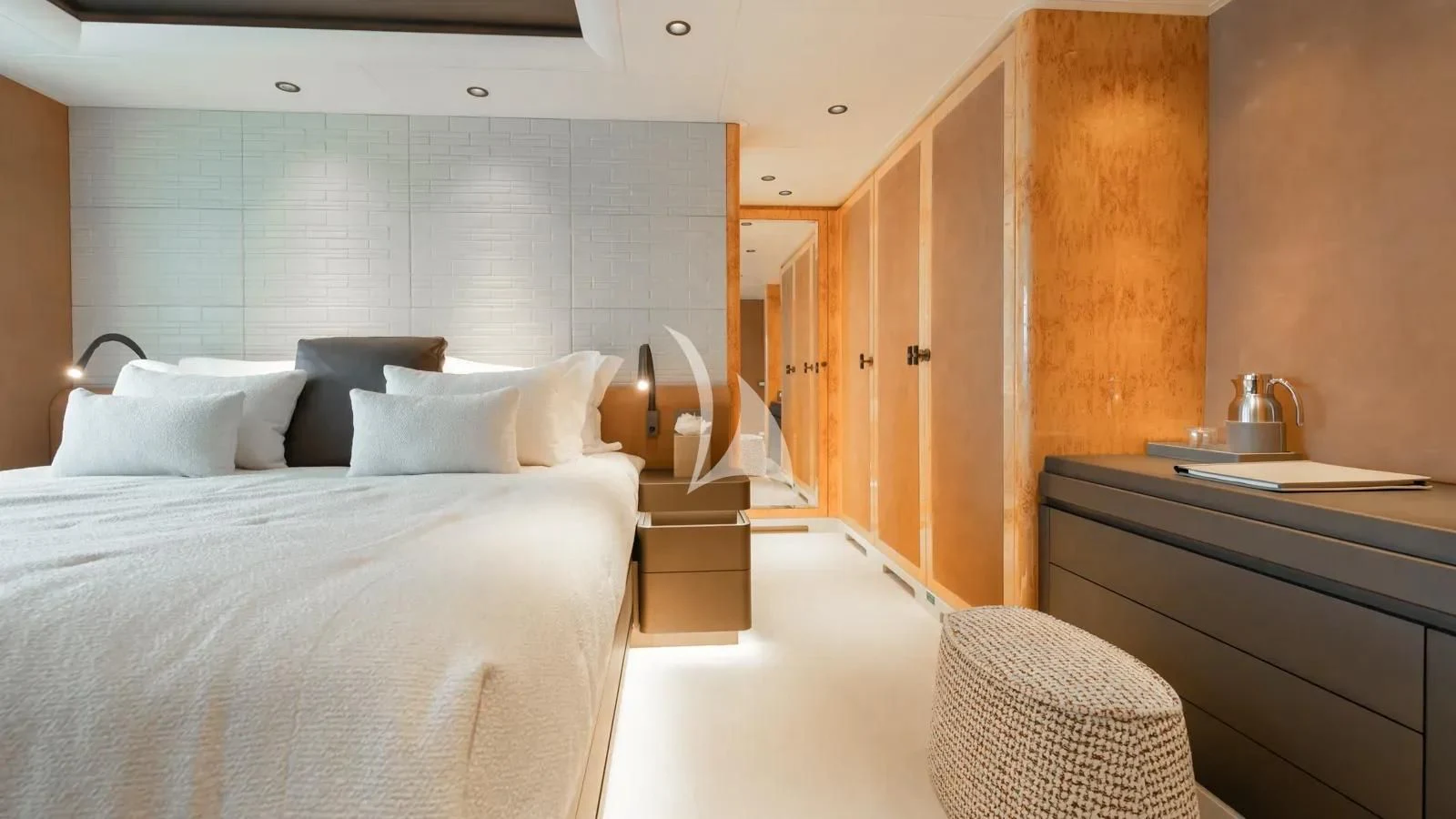 a bedroom with a bed and a sink aboard AELIA Yacht for Sale