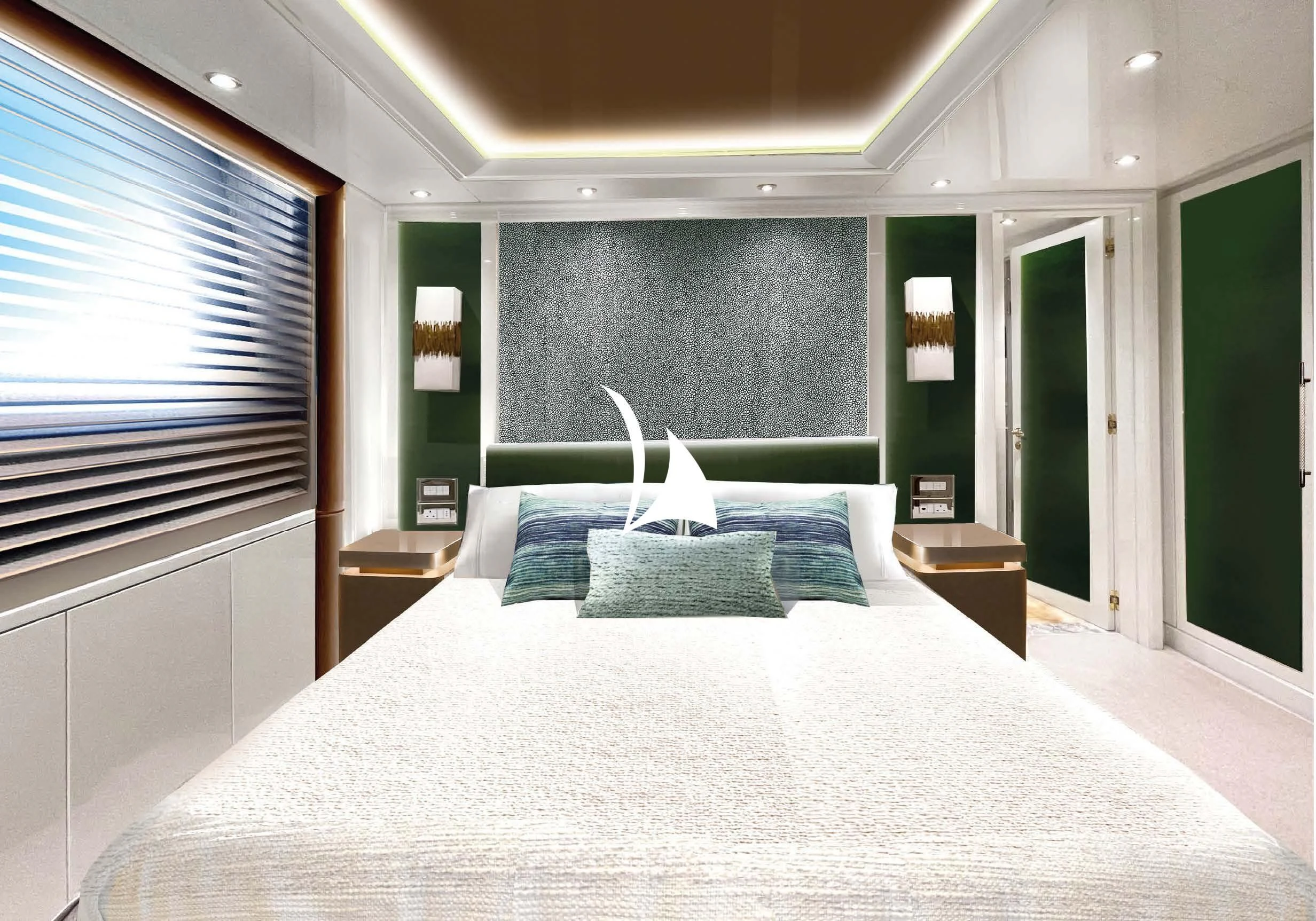 a bed with a white sheet aboard AELIA Yacht for Sale