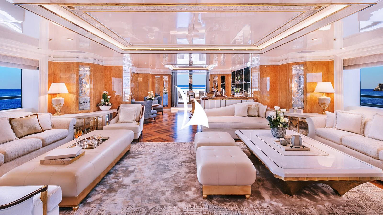 a large living room with a large open floor plan aboard AELIA Yacht for Sale