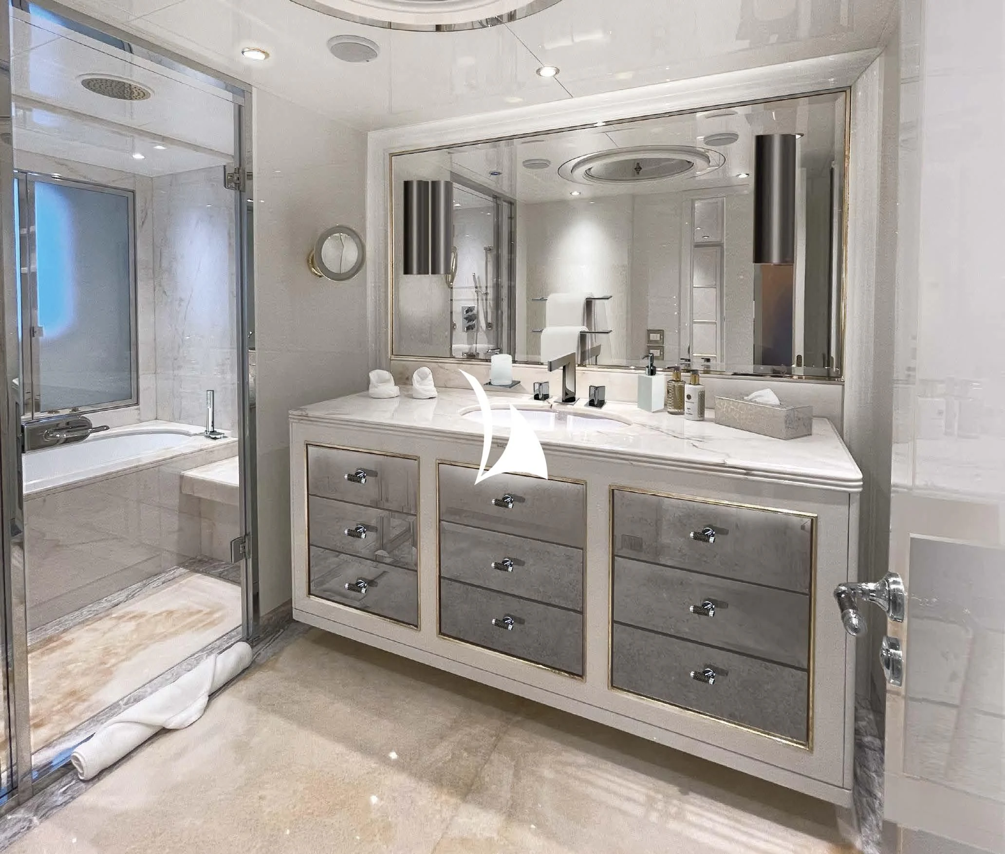 a bathroom with a large mirror aboard AELIA Yacht for Sale