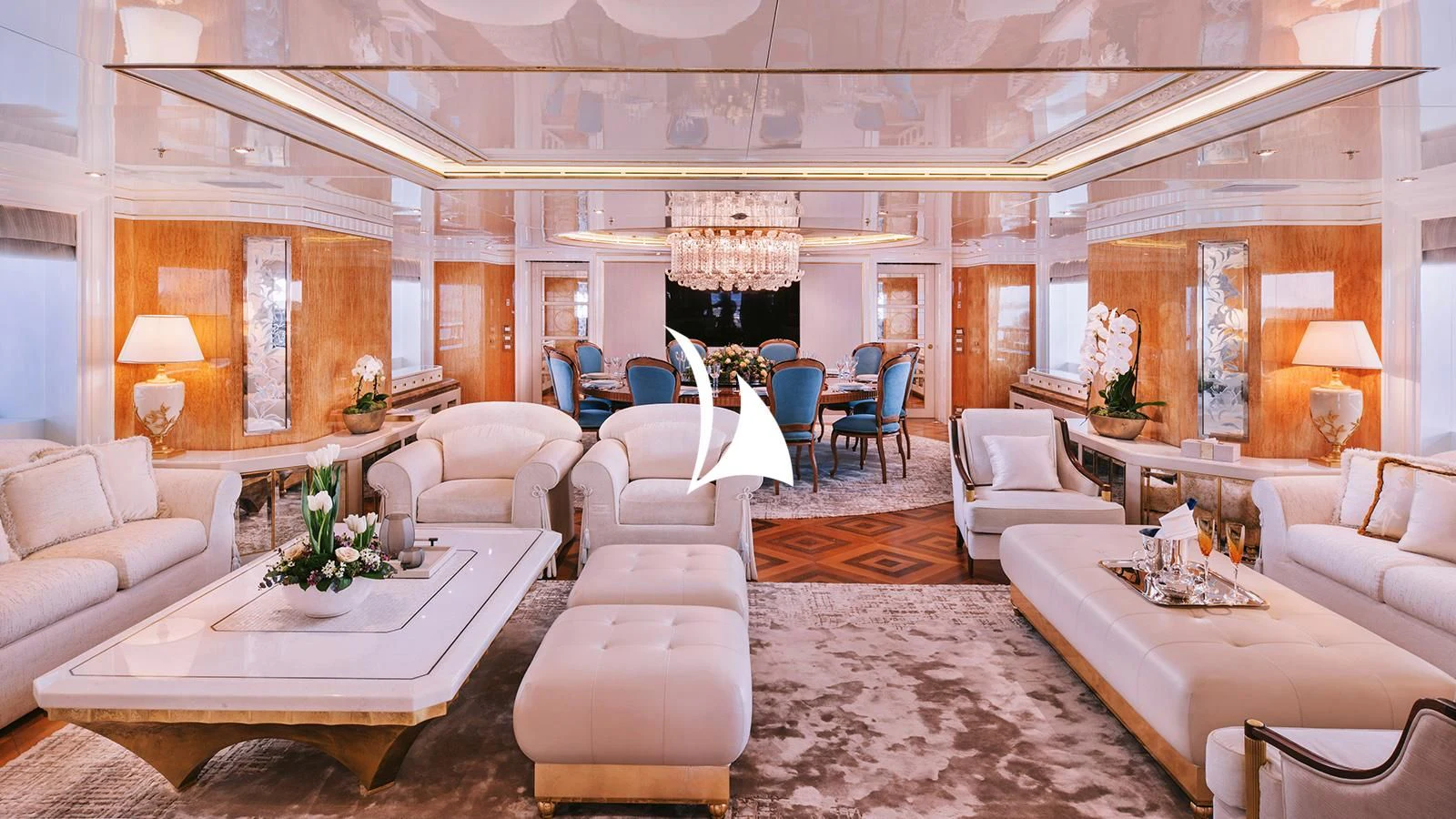 a large room with a table chairs and a large window aboard AELIA Yacht for Sale
