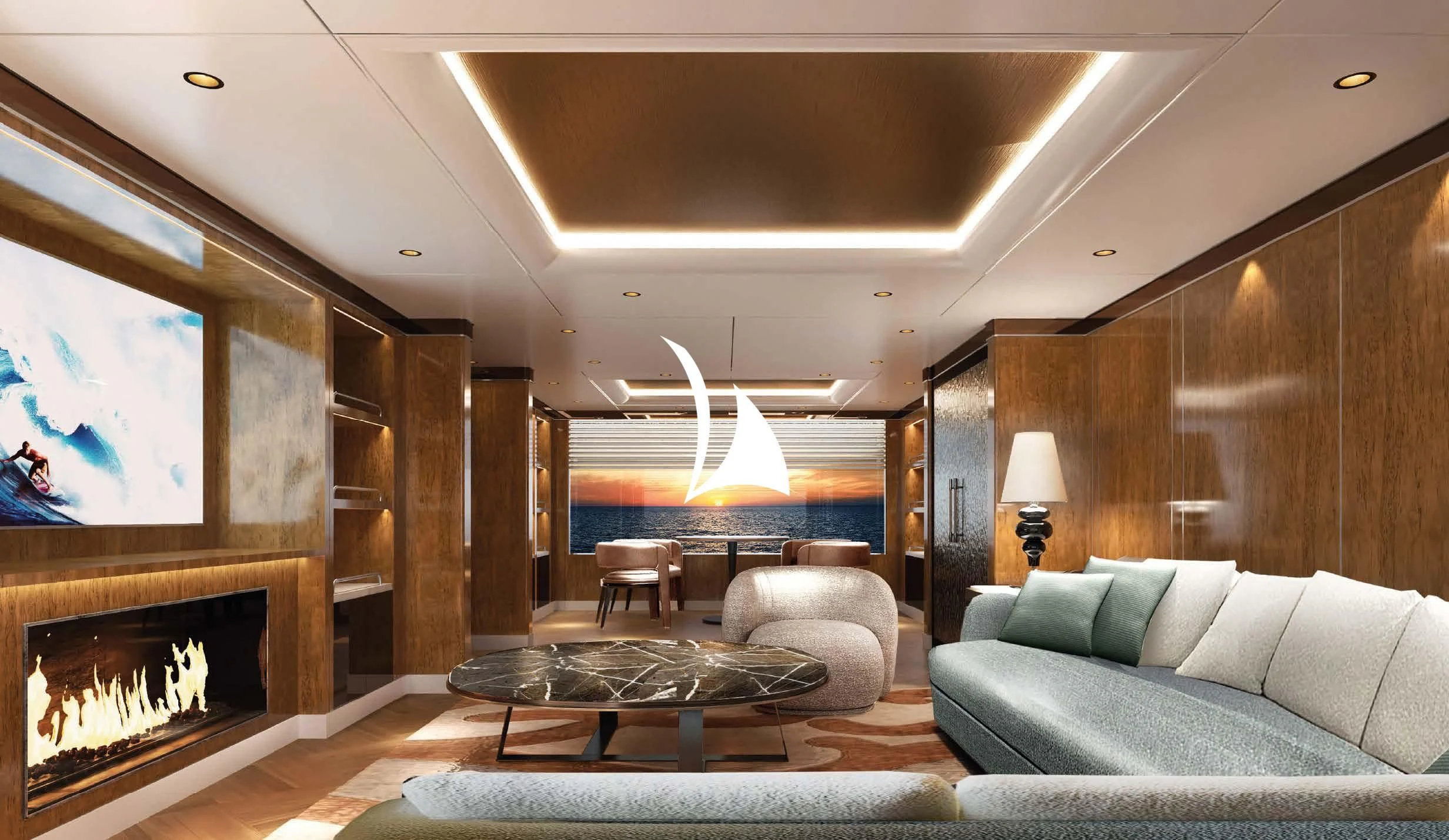a living room with a fireplace aboard AELIA Yacht for Sale