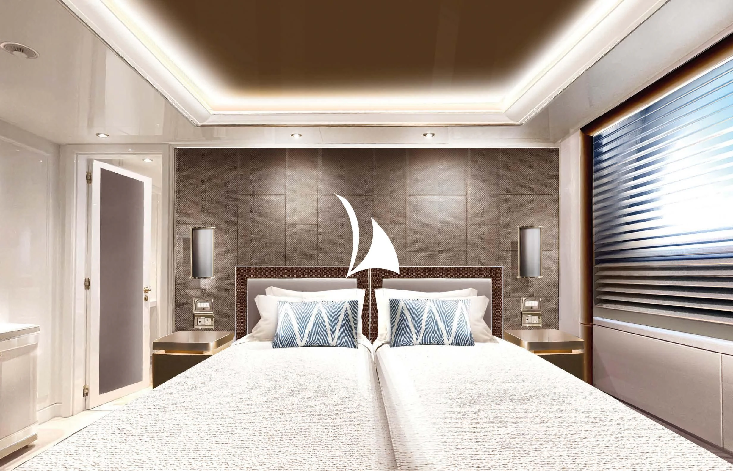 a bedroom with a bed and a window aboard AELIA Yacht for Sale
