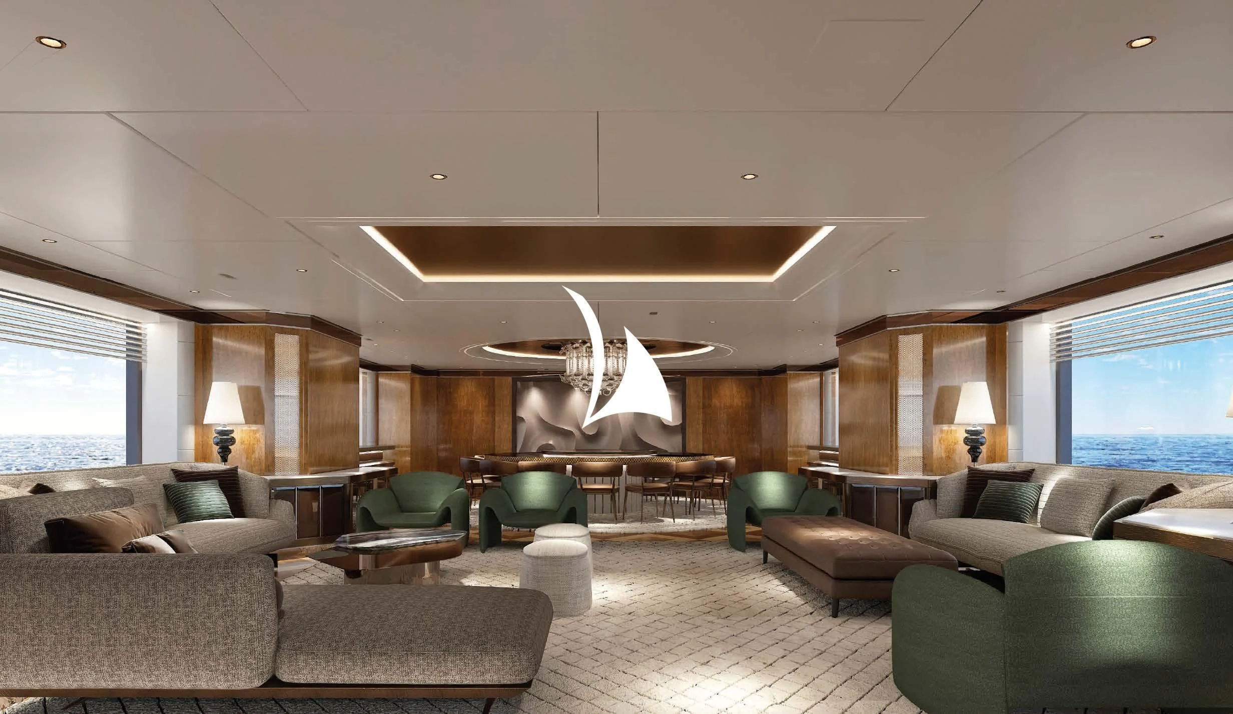 a living room with a large open floor plan aboard AELIA Yacht for Sale