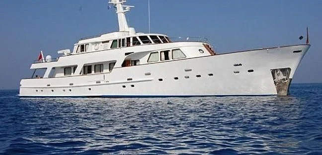 a white yacht in the water aboard PATRA Yacht for Sale