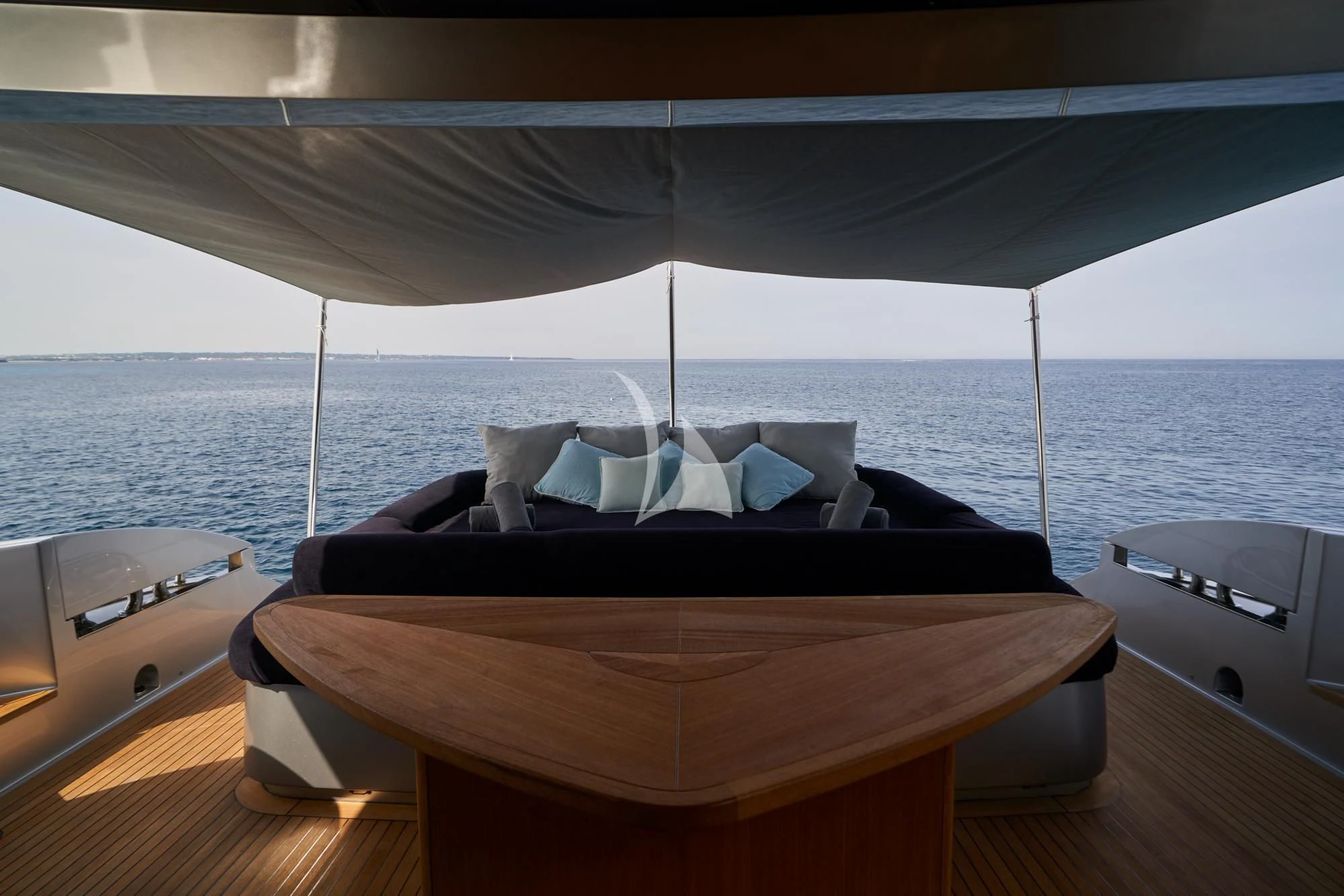 a bed with a canopy over it aboard DANZAS Yacht for Sale