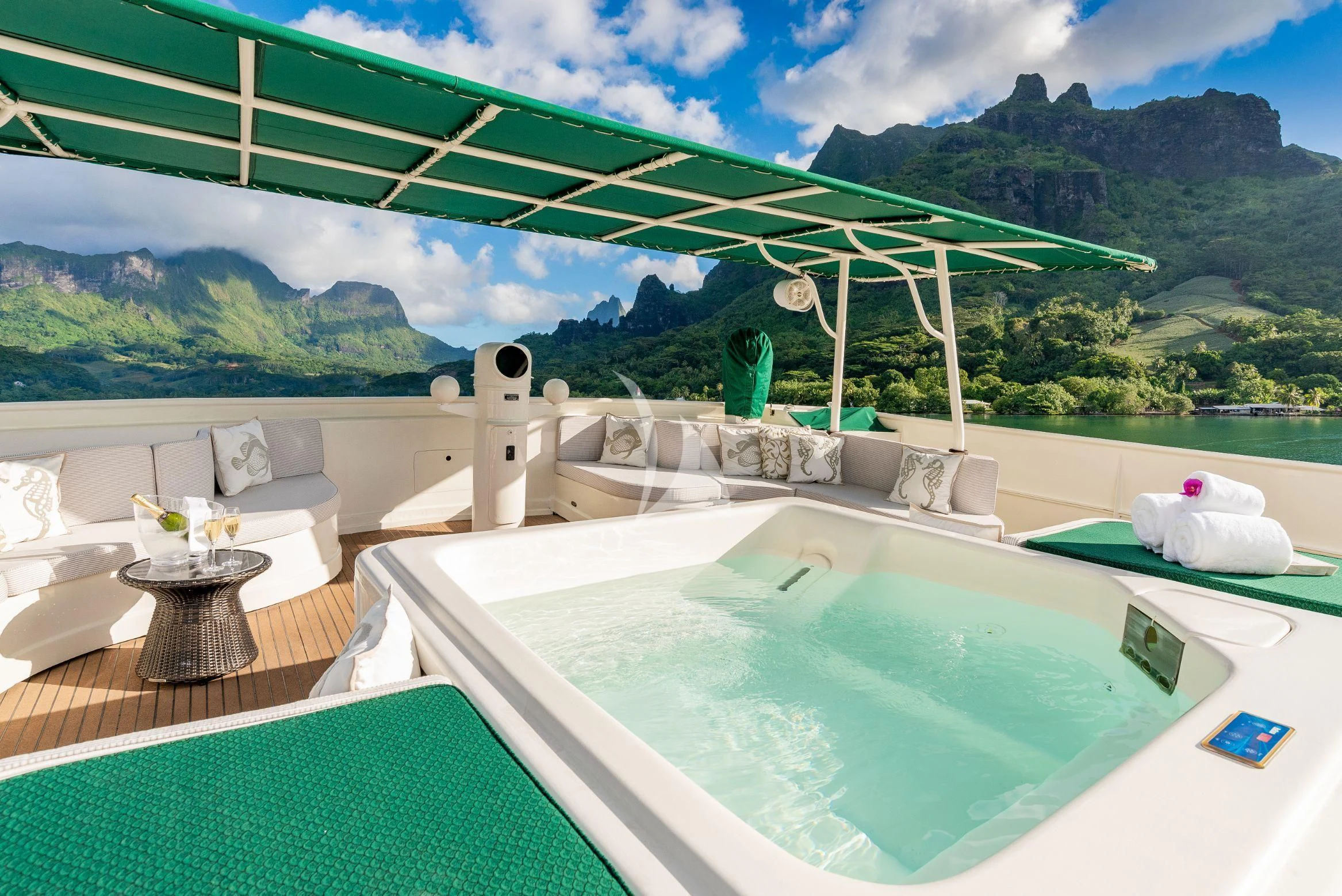 a swimming pool with a large green roof and a view of mountains aboard ASKARI Yacht for Sale