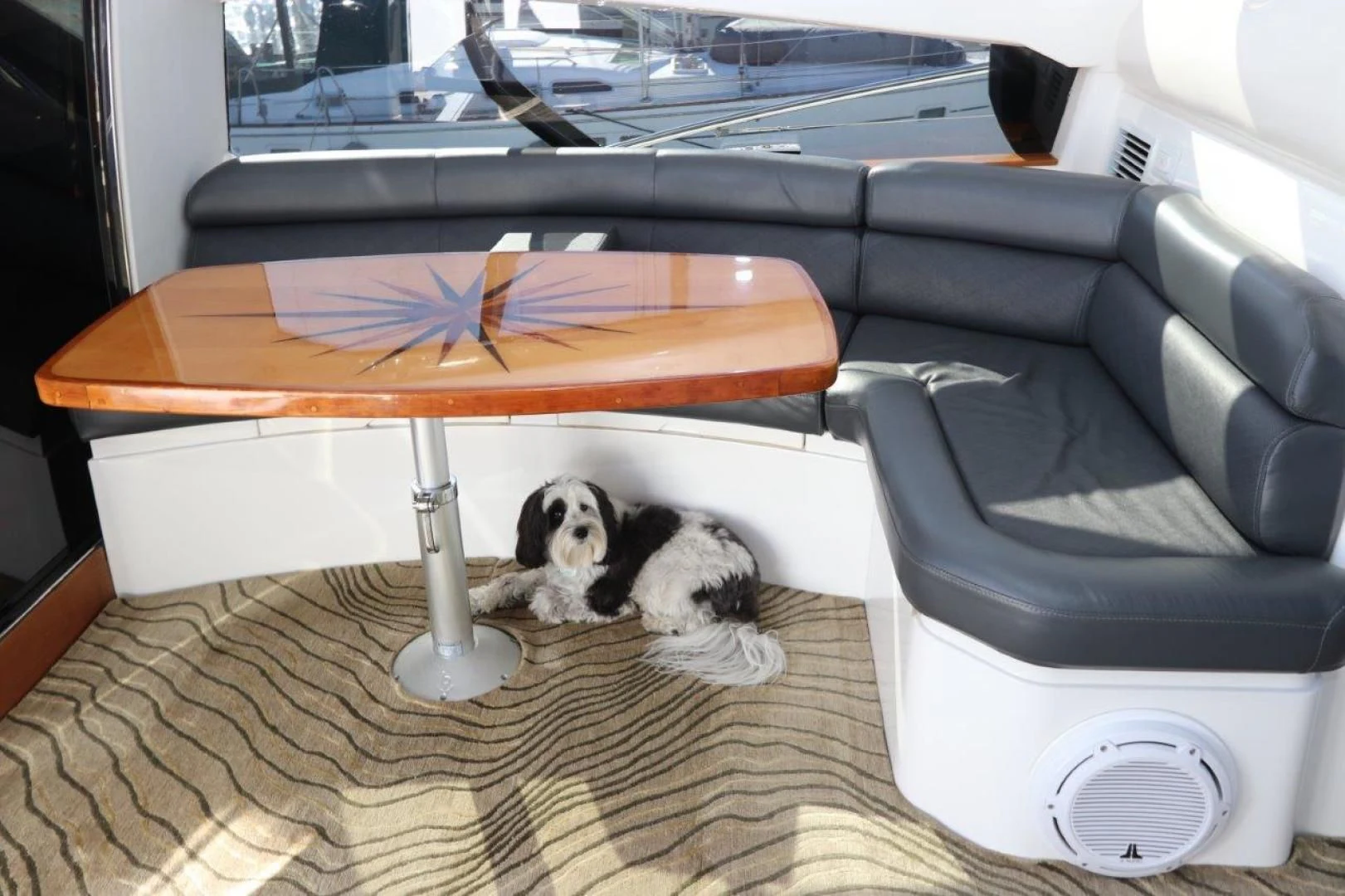 a dog lying on a rug in front of a table aboard SECOND THOUGHTS Yacht for Sale