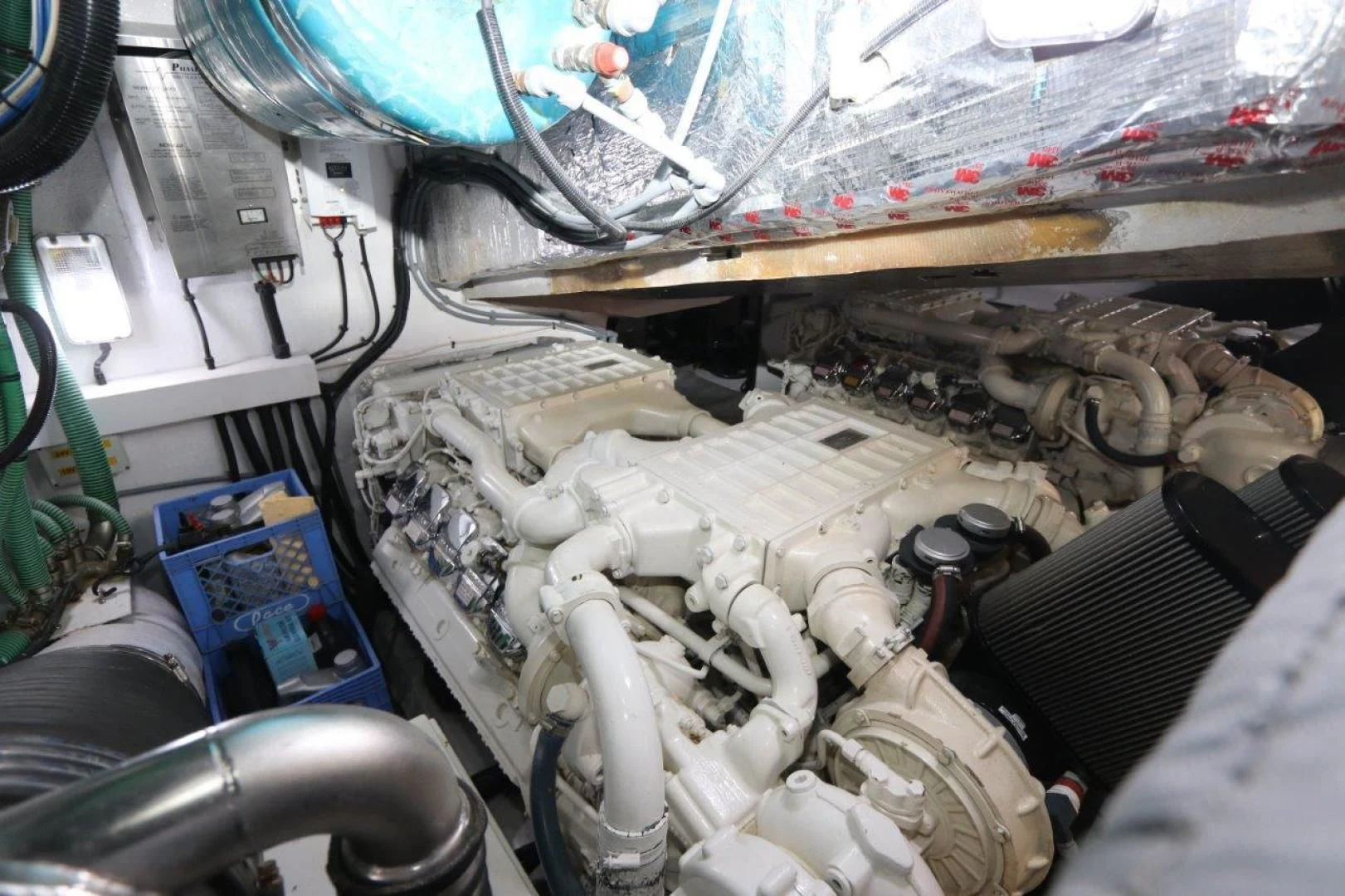 a car engine with a hood aboard SECOND THOUGHTS Yacht for Sale