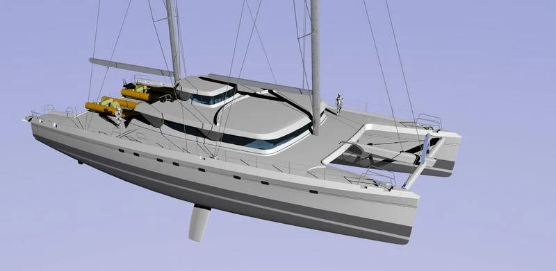 a white boat with a yellow and black stripe on it aboard SABRINA Yacht for Sale