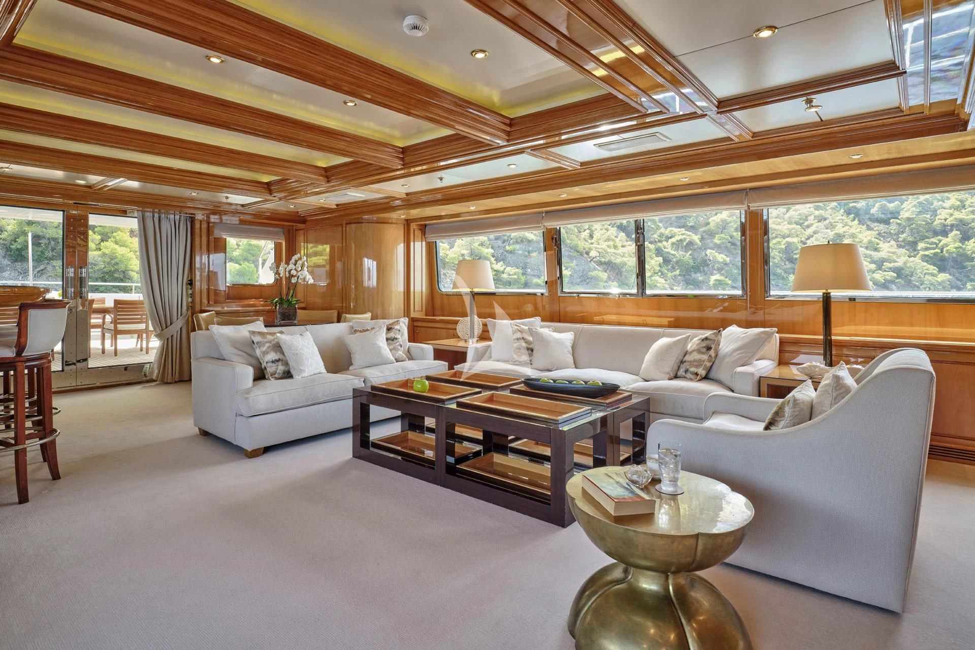 a living room with a large open ceiling aboard ELENA V Yacht for Sale