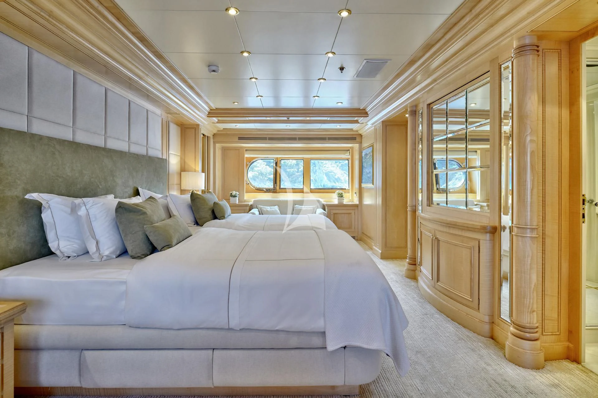 a bed in a room aboard ELENA V Yacht for Sale