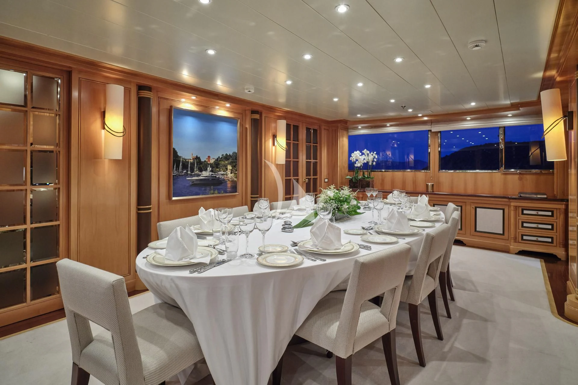 a table set for a dinner aboard ELENA V Yacht for Sale