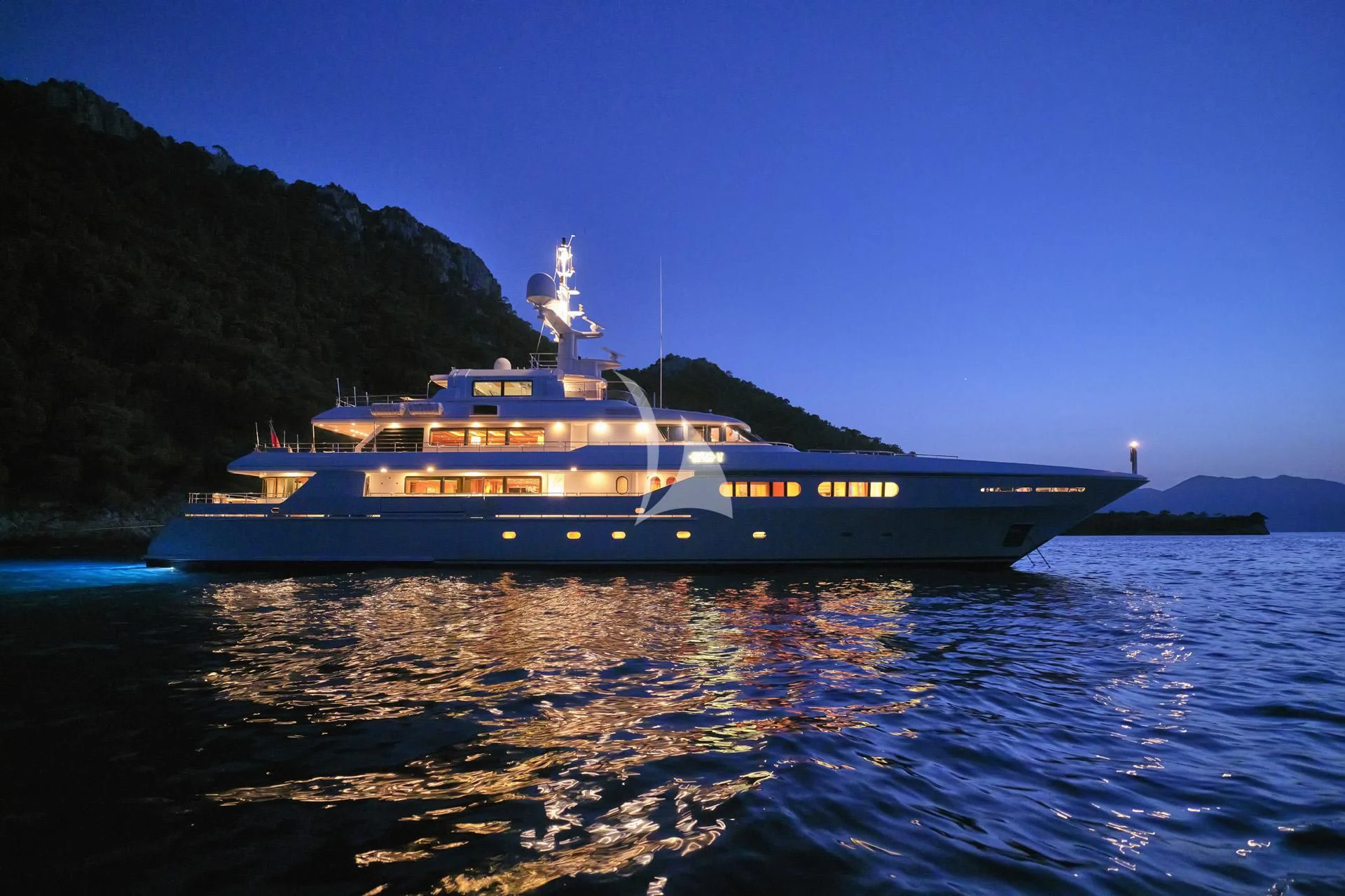 a large ship on the water aboard ELENA V Yacht for Sale
