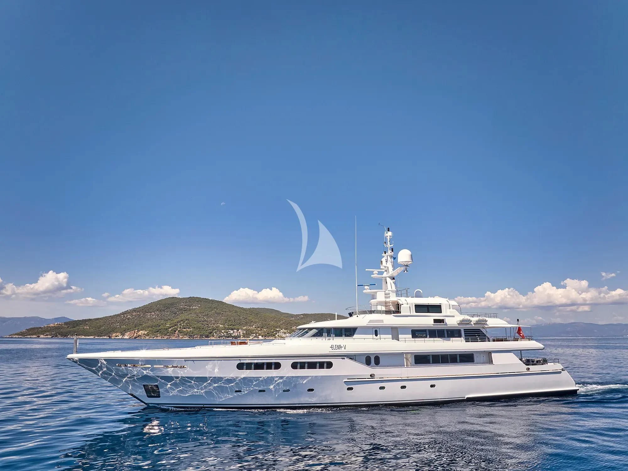 a white yacht in the water aboard ELENA V Yacht for Sale