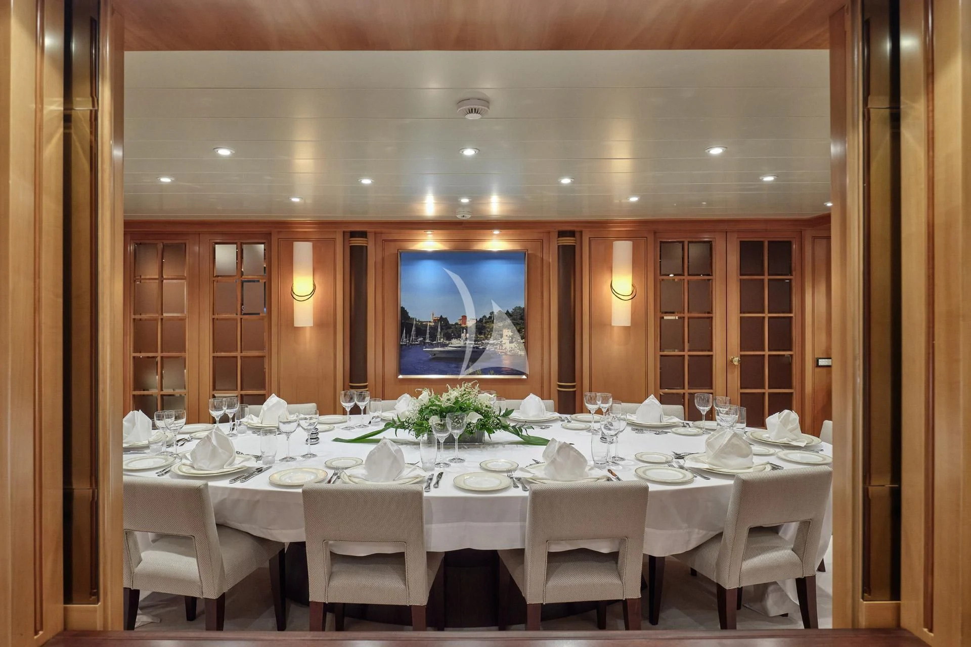 a table set for a dinner aboard ELENA V Yacht for Sale
