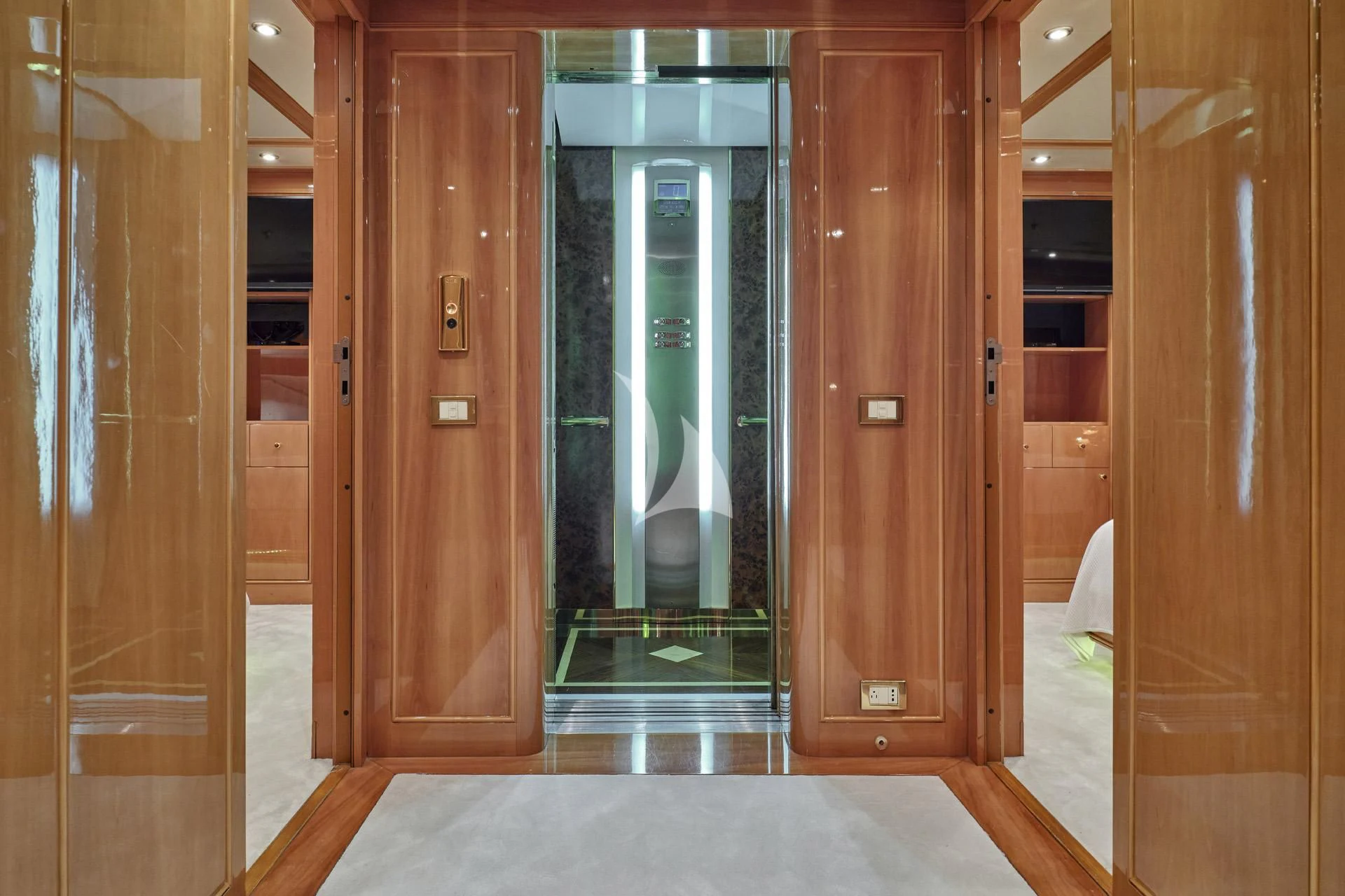 a room with a glass door aboard ELENA V Yacht for Sale