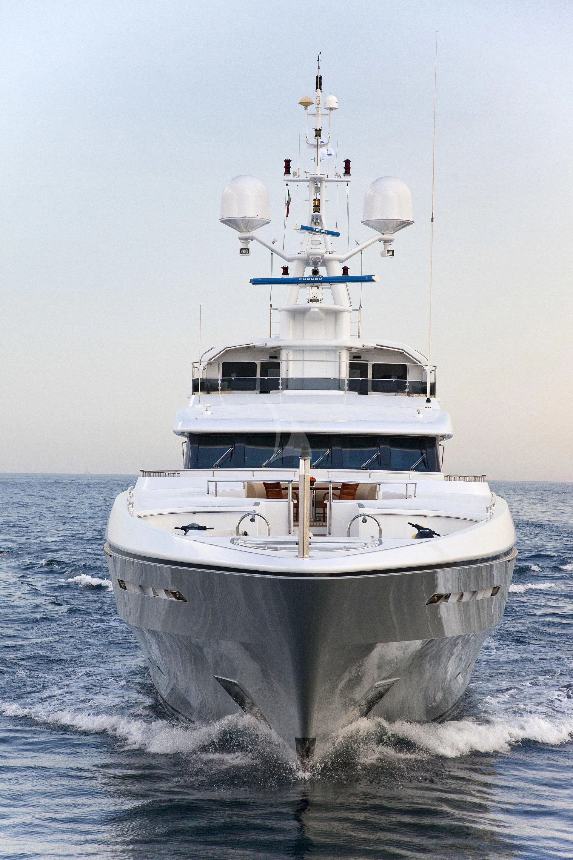 a white boat with a white tower aboard ELENA V Yacht for Sale