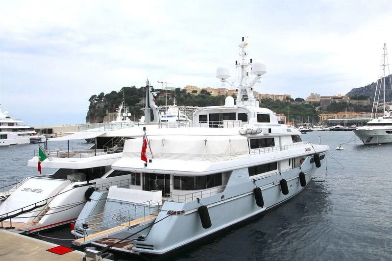 a boat docked at a pier aboard ELENA V Yacht for Sale