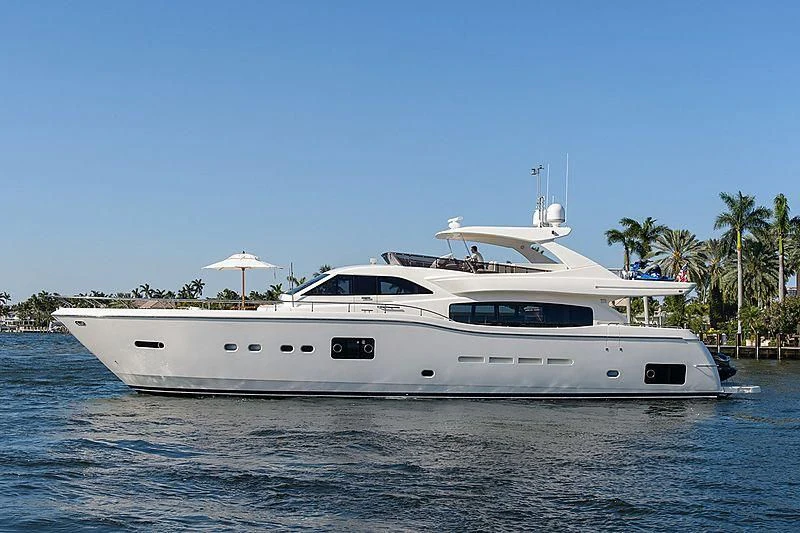 a white yacht on the water aboard SHE RUNS WET Yacht for Sale