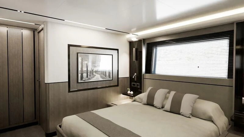 a bed with a white sheet and pillows aboard PEARLY SPENCER Yacht for Sale