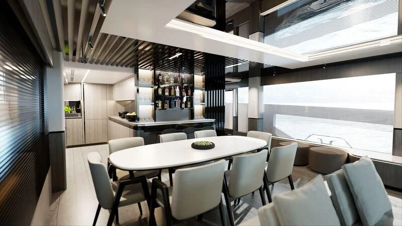 a room with tables and chairs aboard PEARLY SPENCER Yacht for Sale