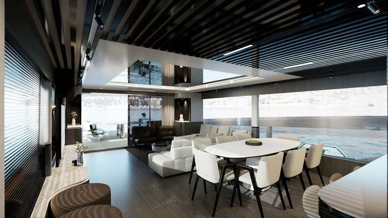 a room with tables and chairs aboard PEARLY SPENCER Yacht for Sale