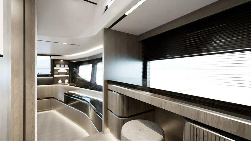 a room with a window and a view of the city aboard PEARLY SPENCER Yacht for Sale