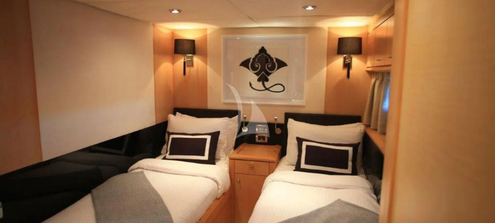 a room with two beds aboard SOPHIA Yacht for Sale