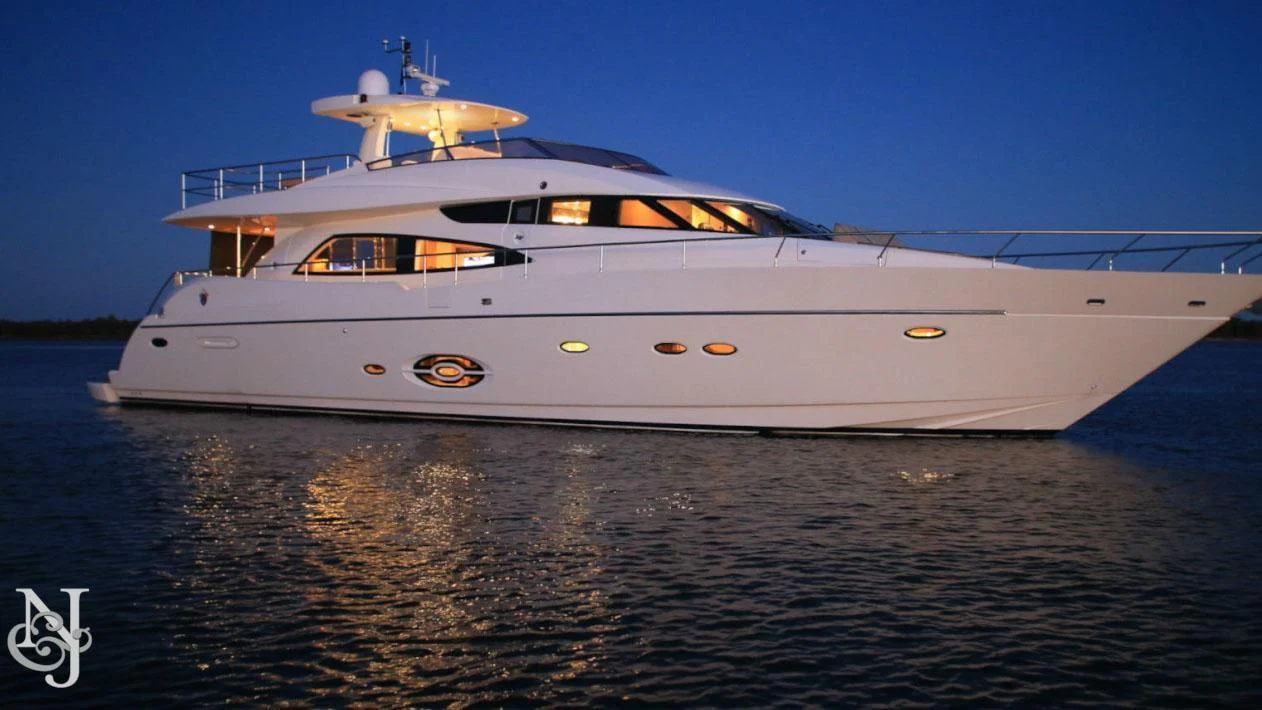 a large white yacht on the water aboard SOPHIA Yacht for Sale