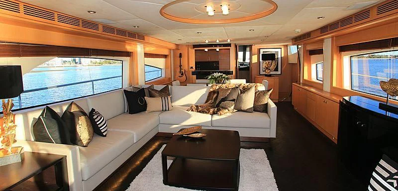 a living room with a large window aboard SOPHIA Yacht for Sale