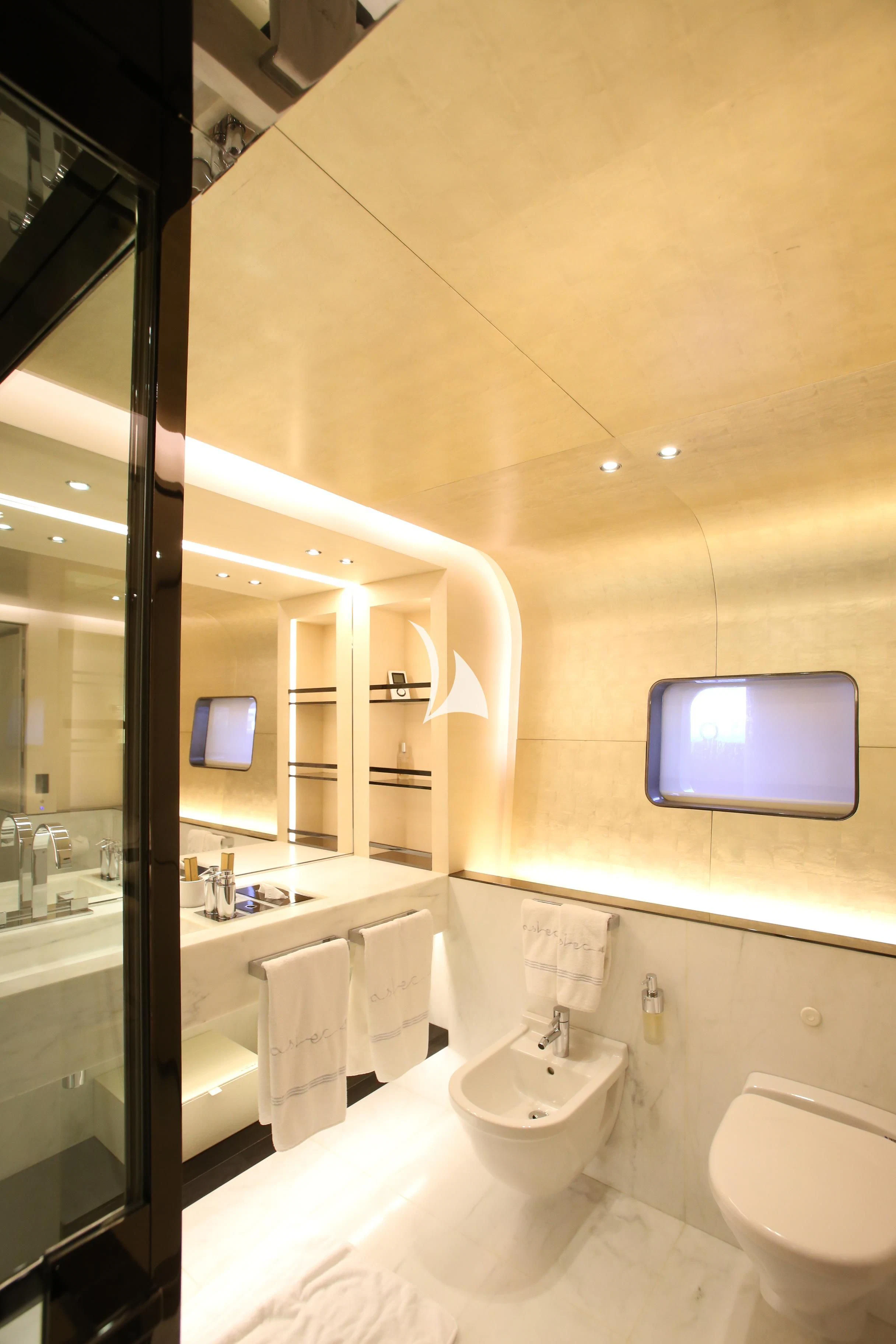 a bathroom with a large mirror aboard ASLEC 4 Yacht for Sale