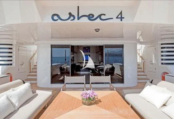 a room with a table chairs and a large window aboard ASLEC 4 Yacht for Sale