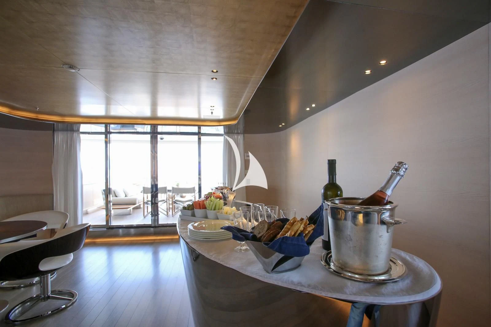 a kitchen with a large window aboard ASLEC 4 Yacht for Sale