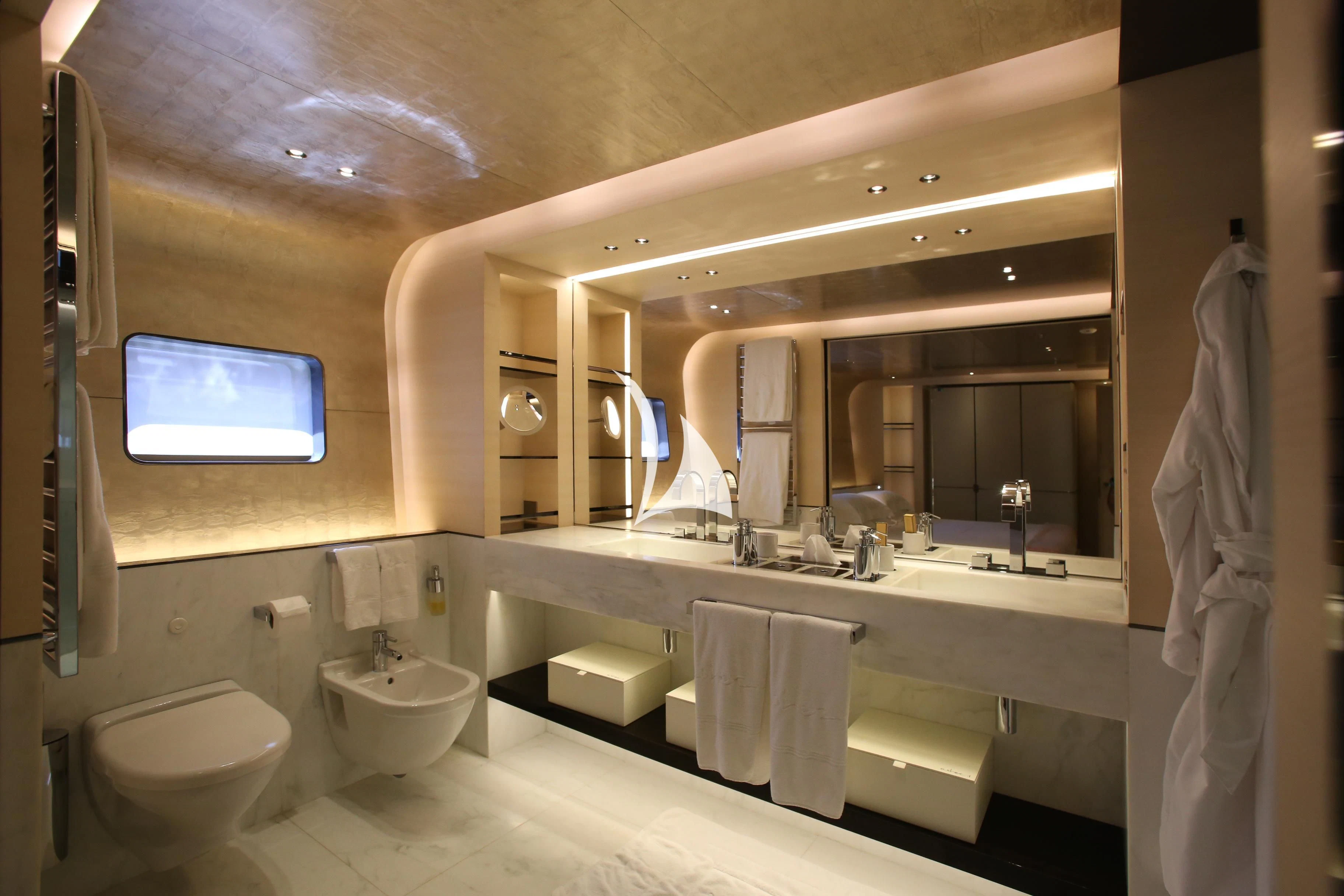 a bathroom with a large mirror aboard ASLEC 4 Yacht for Sale