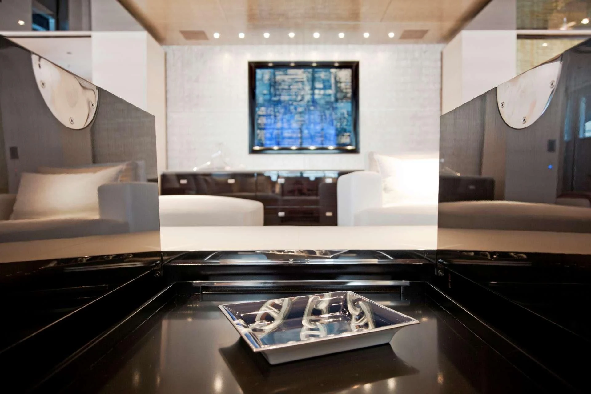 a modern looking living room aboard ASLEC 4 Yacht for Sale