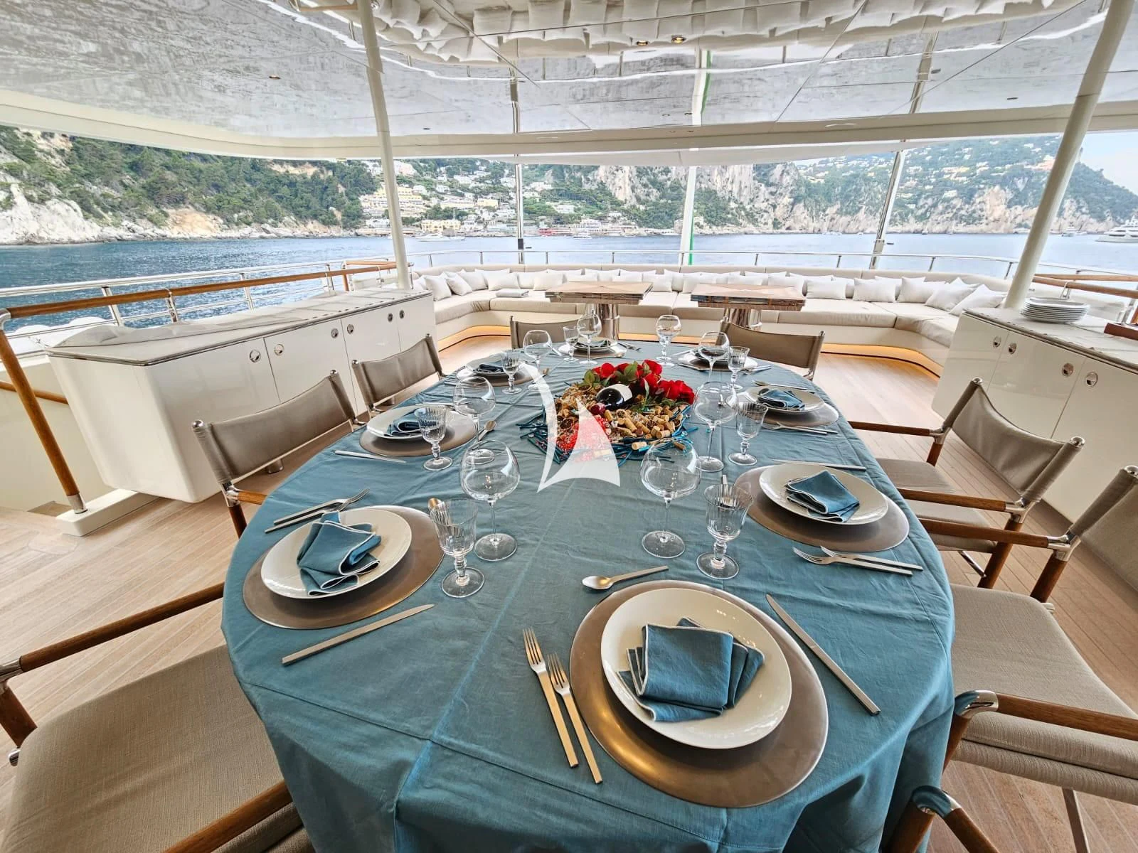 a table set for a dinner party aboard ASLEC 4 Yacht for Sale