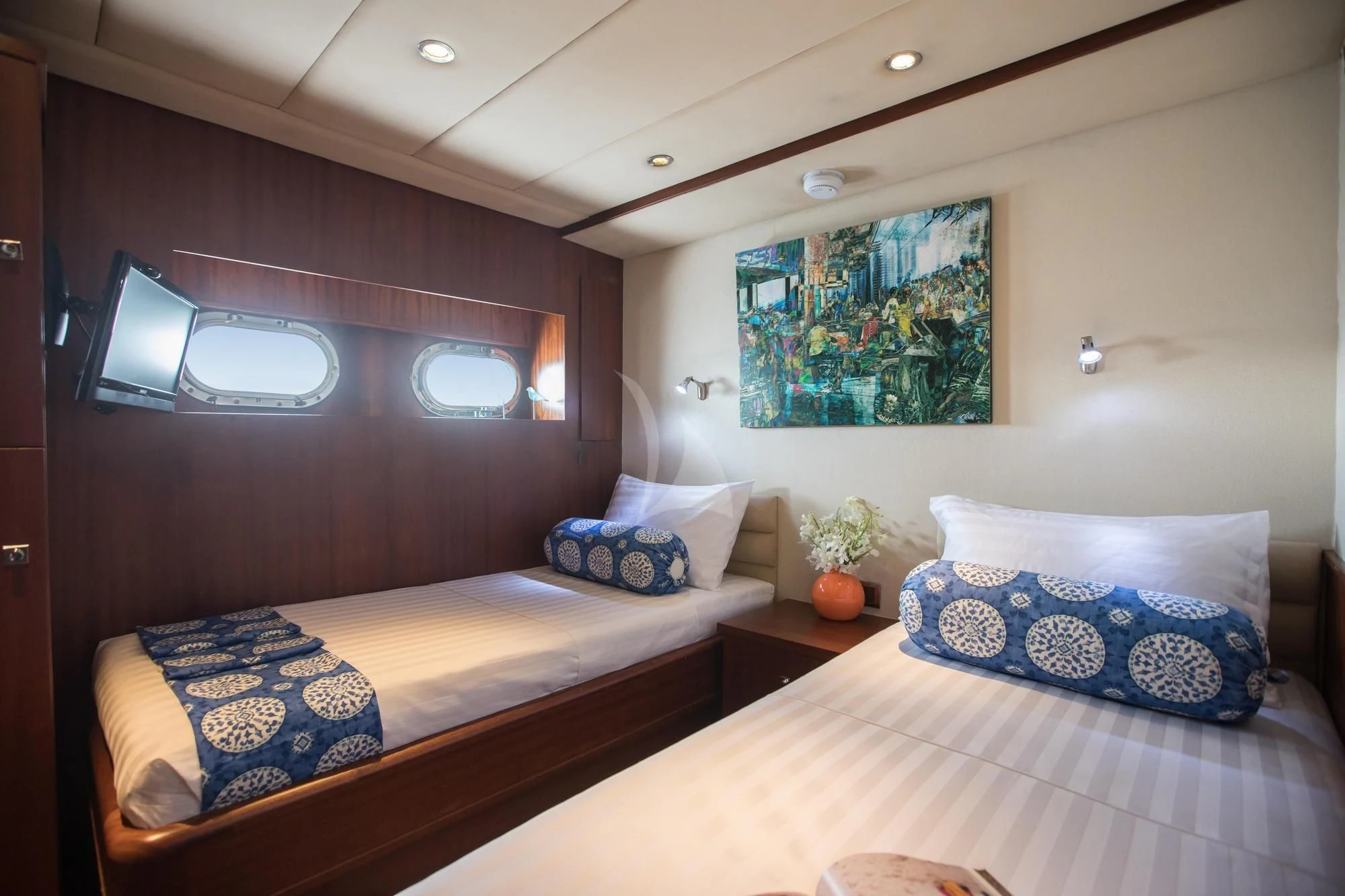 a room with two beds aboard THE BLUE Yacht for Sale