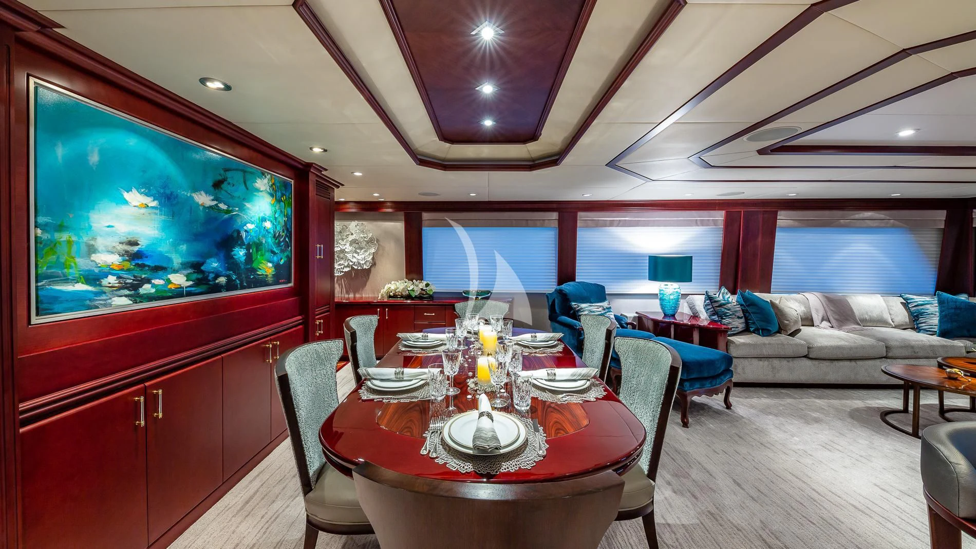 a dining room with a table and chairs aboard DESTINY Yacht for Sale