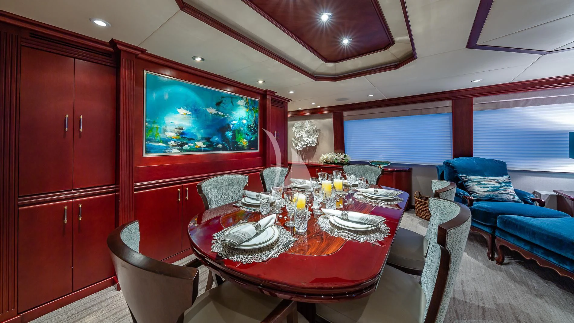 a dining table in a room aboard DESTINY Yacht for Sale