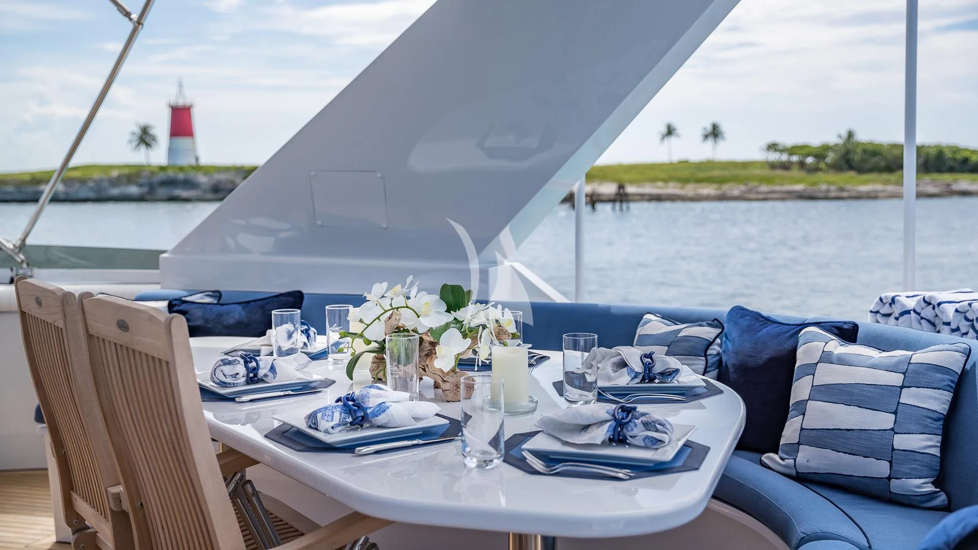 a table on a boat aboard DESTINY Yacht for Sale