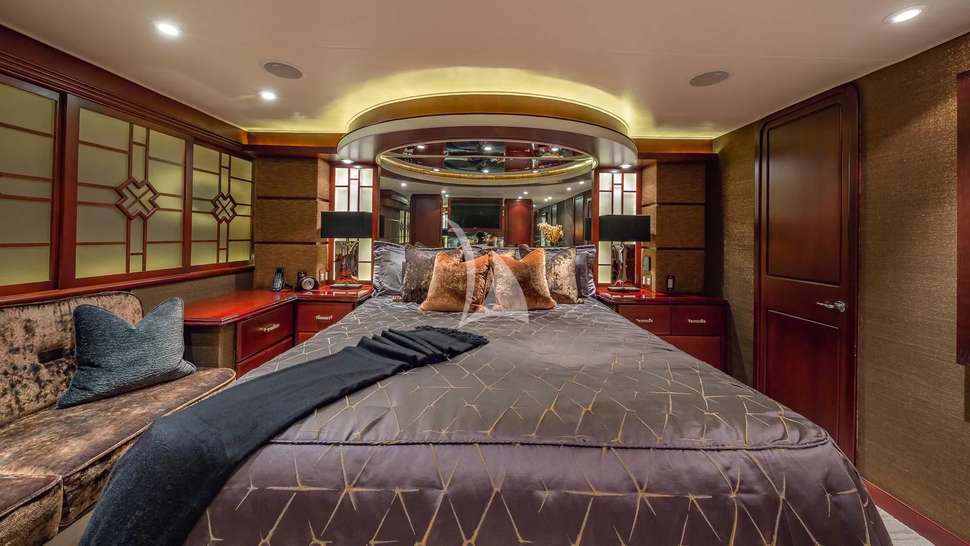 a large bed in a hotel room aboard DESTINY Yacht for Sale