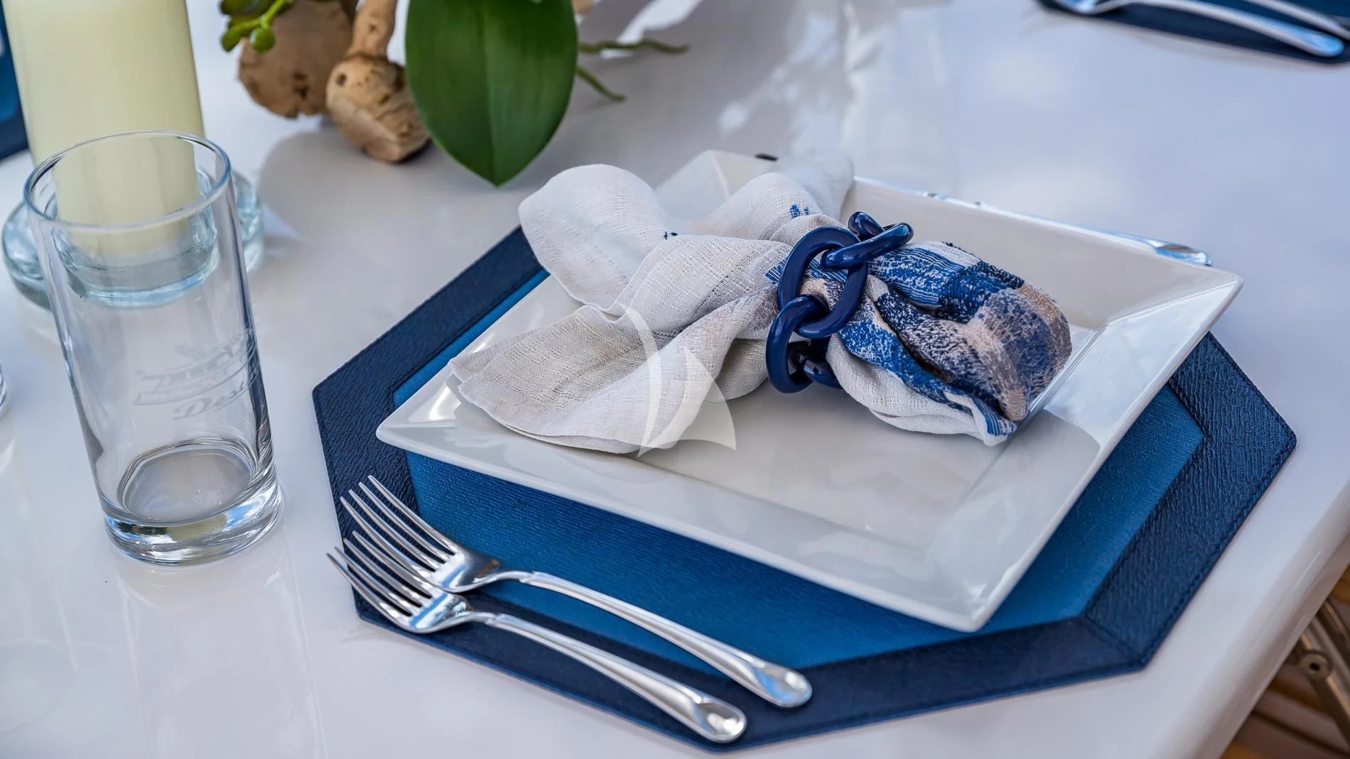 a napkin and fork on a plate aboard DESTINY Yacht for Sale