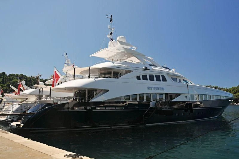 a large boat docked aboard MORDAN Yacht for Sale