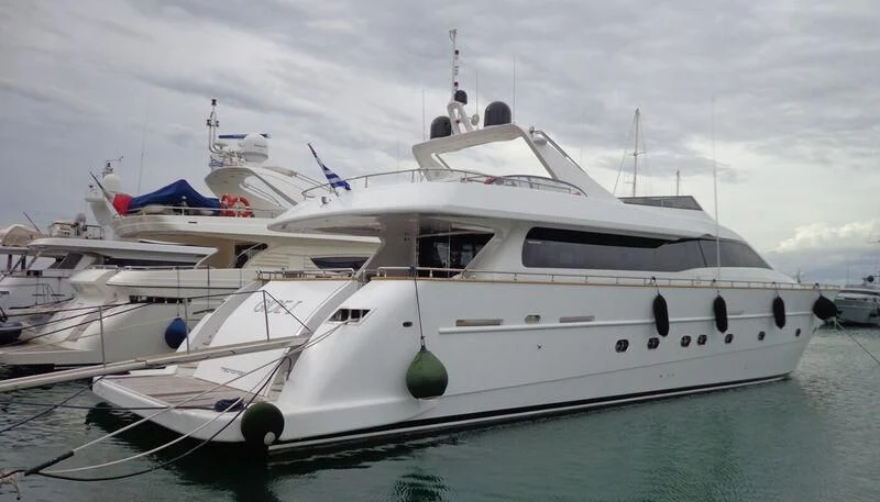 a white yacht in the water aboard GIOE I Yacht for Sale